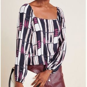 Anthropologie The Odells Blouse purple white square neck, Geometric print, Small